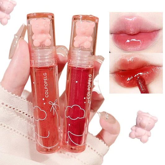 Lip Gloss Jelly With Mirror-like Gloss And Cute Bear Decoration, Long-lasting, Smudgeproof, Moisturizing, Full-color, Transparent Film-forming